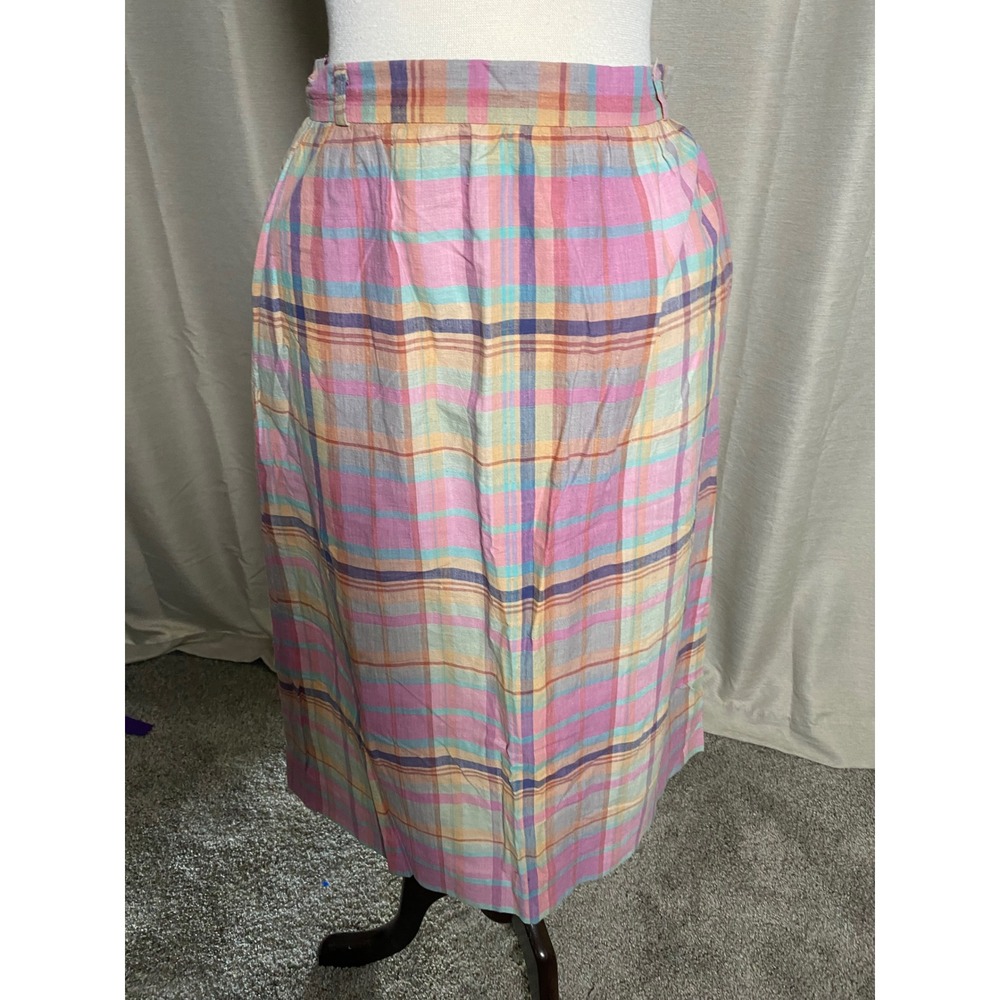 Vintage 70s ILGWU Plaid Midi Skirt Pastel Pink Purple High Waist Retro 70s Skirt